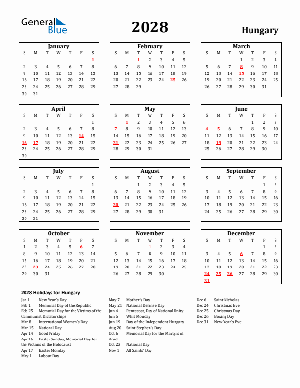 2028 Hungary Holiday Calendar - Sunday Start