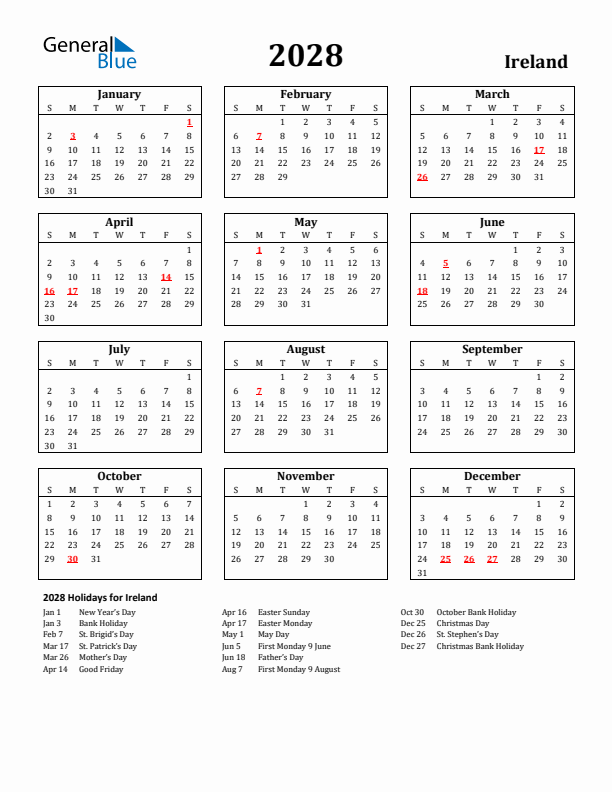 2028 Ireland Holiday Calendar - Sunday Start