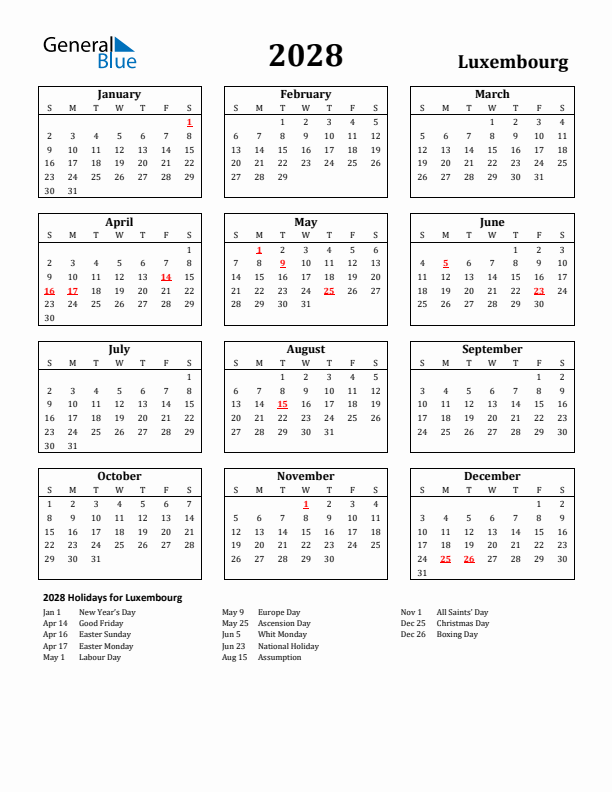 2028 Luxembourg Holiday Calendar - Sunday Start