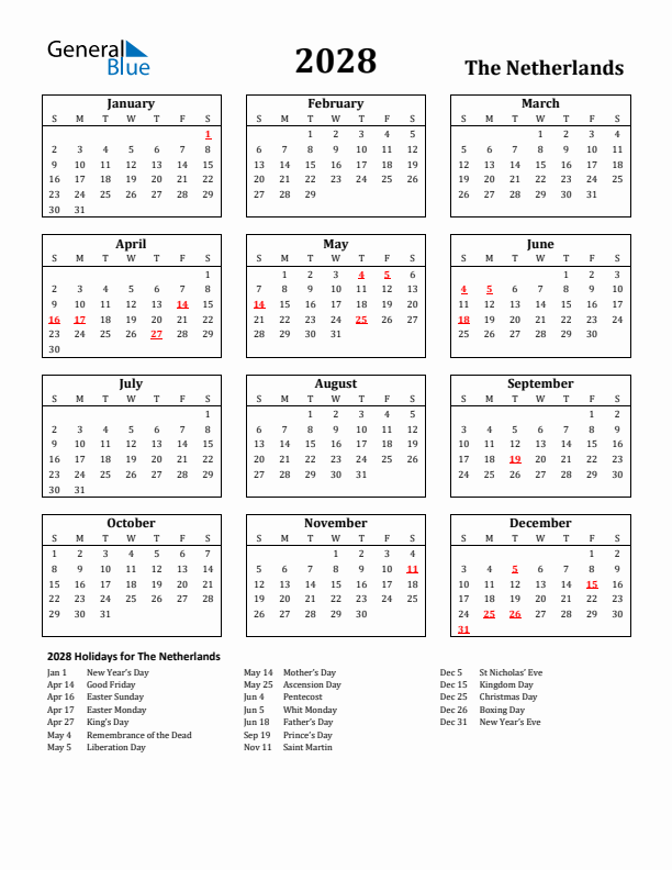 2028 The Netherlands Holiday Calendar - Sunday Start