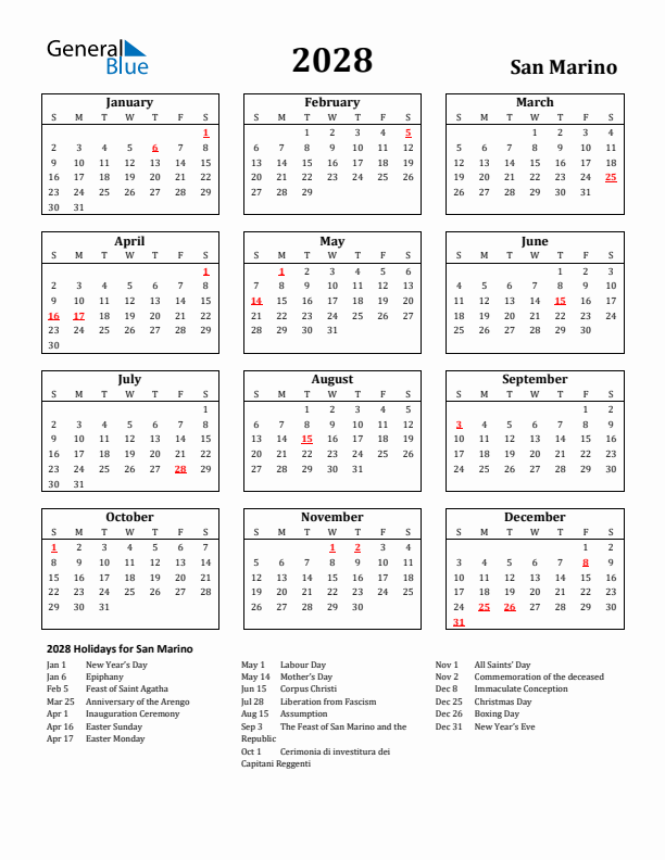 2028 San Marino Holiday Calendar - Sunday Start