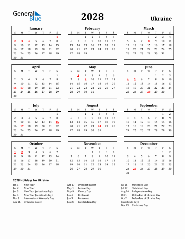 2028 Ukraine Holiday Calendar - Sunday Start