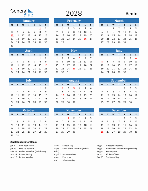 Printable Calendar 2028 with Benin Holidays (Monday Start)