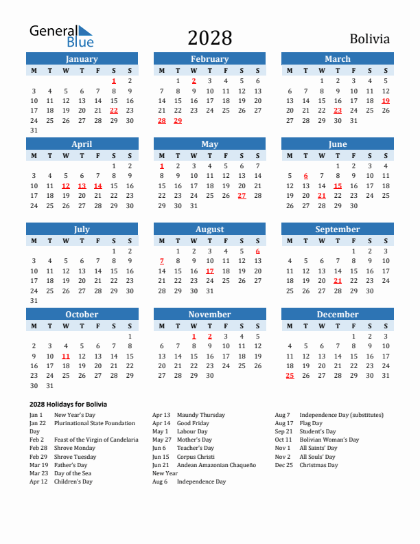 Printable Calendar 2028 with Bolivia Holidays (Monday Start)