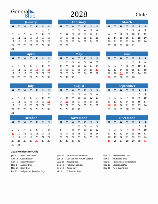 Printable Calendar 2028 with Chile Holidays (Monday Start)