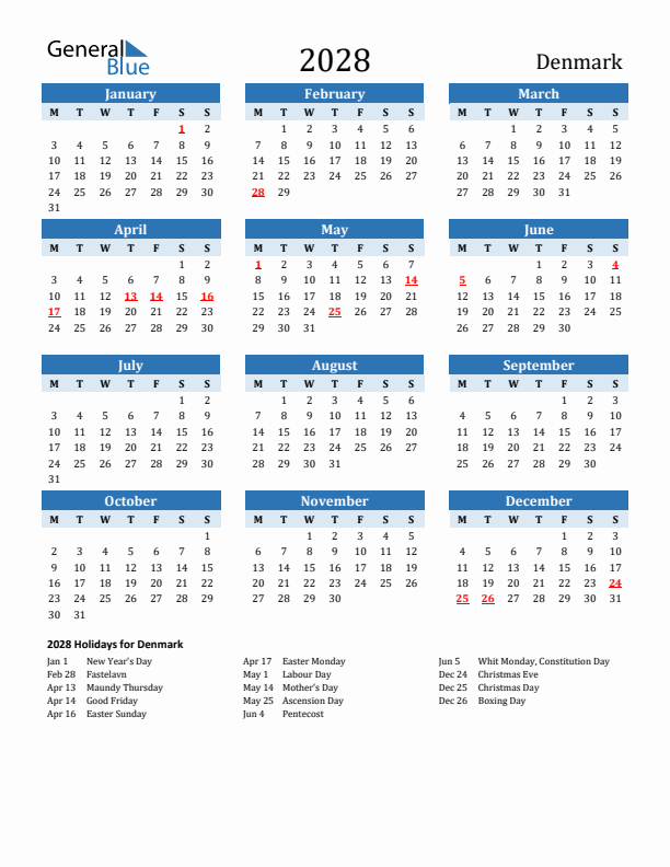 Printable Calendar 2028 with Denmark Holidays (Monday Start)