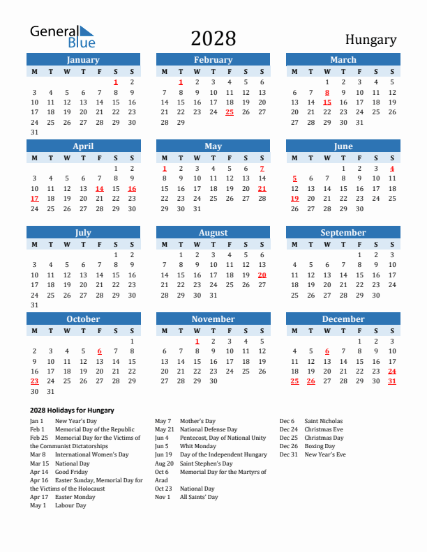 Printable Calendar 2028 with Hungary Holidays (Monday Start)