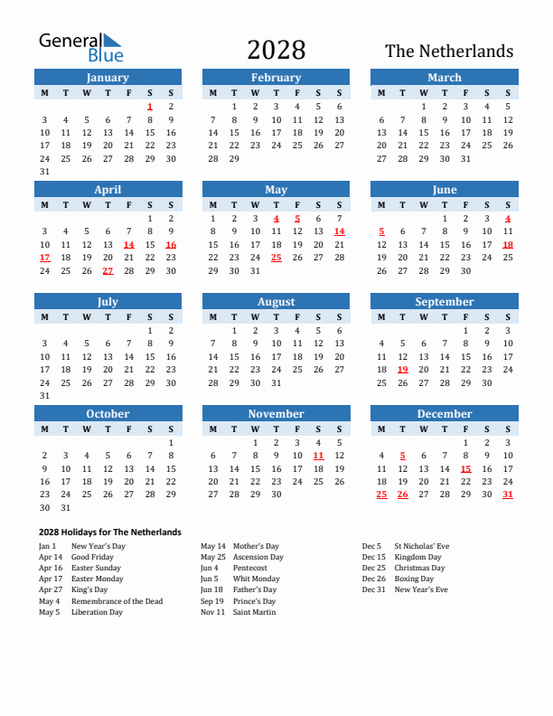 Printable Calendar 2028 with The Netherlands Holidays (Monday Start)