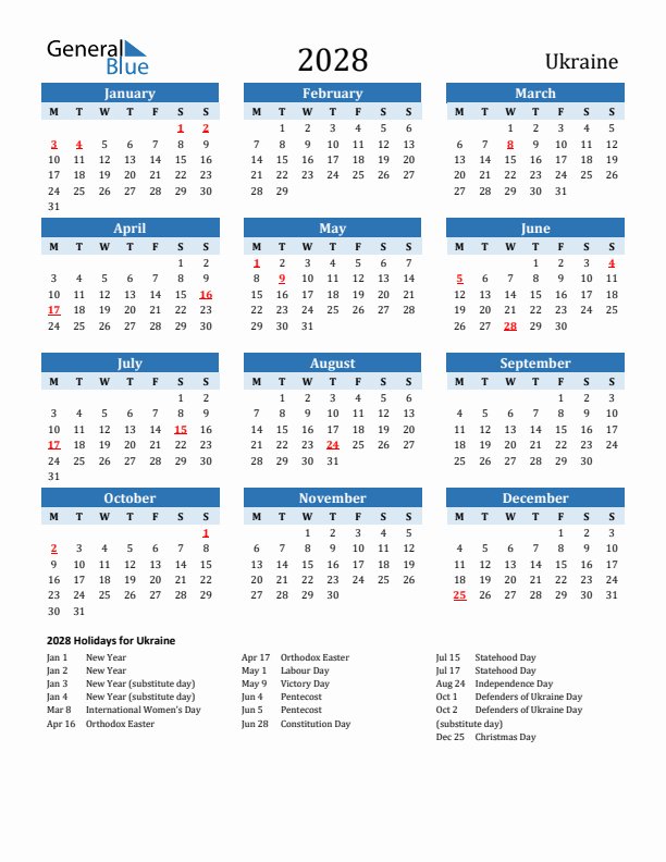 Printable Calendar 2028 with Ukraine Holidays (Monday Start)