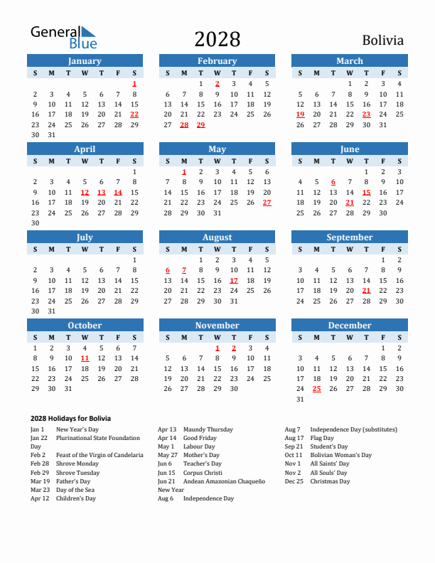 Printable Calendar 2028 with Bolivia Holidays (Sunday Start)