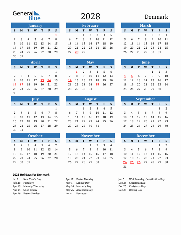 Printable Calendar 2028 with Denmark Holidays (Sunday Start)