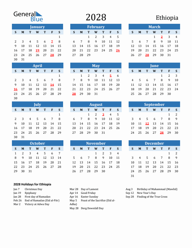 Printable Calendar 2028 with Ethiopia Holidays (Sunday Start)