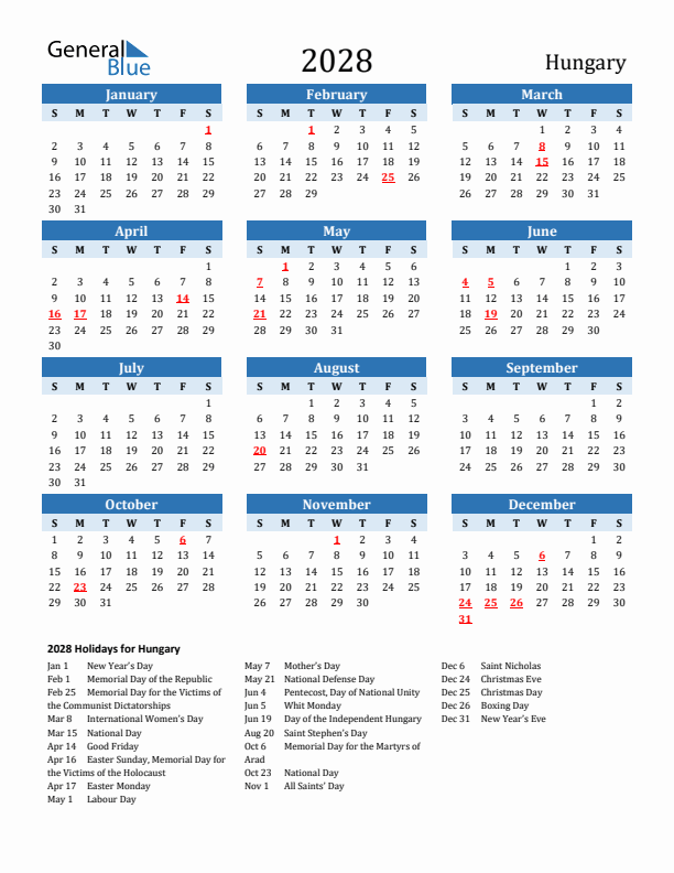 Printable Calendar 2028 with Hungary Holidays (Sunday Start)