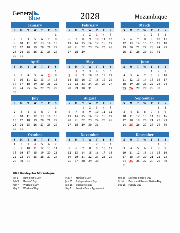 Printable Calendar 2028 with Mozambique Holidays (Sunday Start)