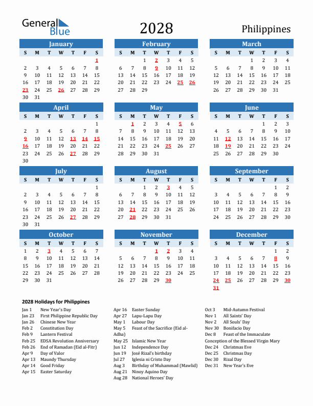 Printable Calendar 2028 with Philippines Holidays (Sunday Start)