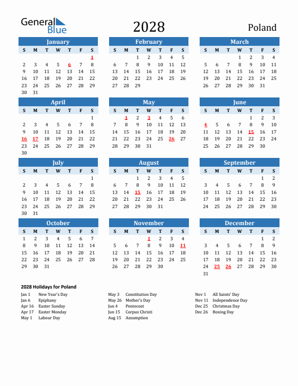 Printable Calendar 2028 with Poland Holidays (Sunday Start)