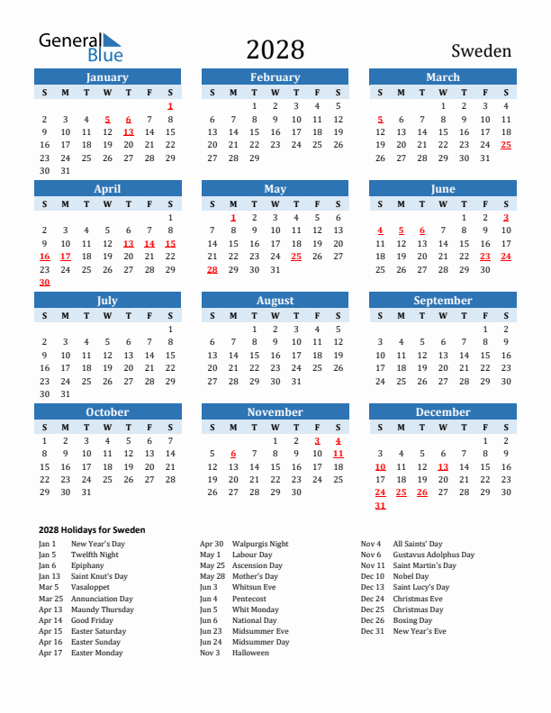 Printable Calendar 2028 with Sweden Holidays (Sunday Start)