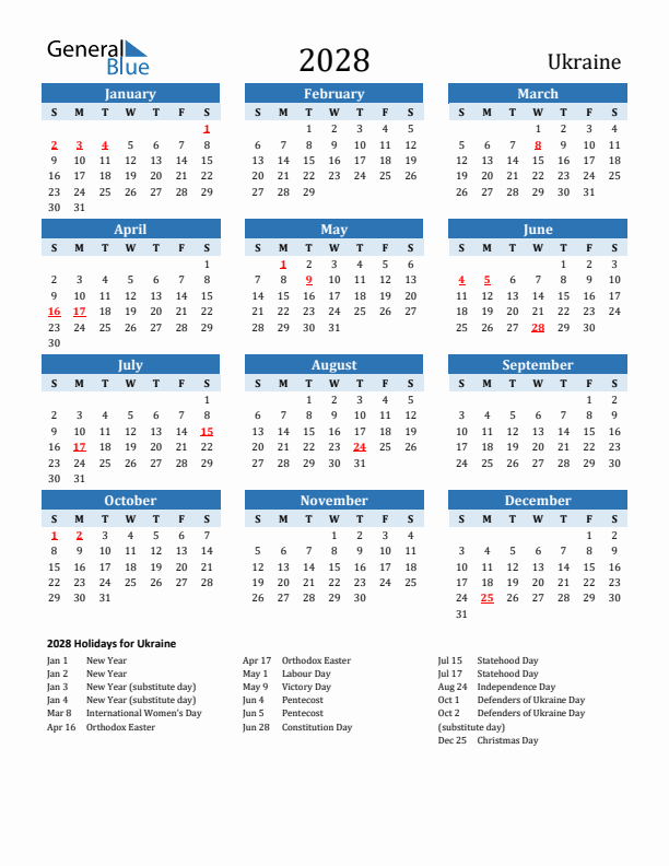 Printable Calendar 2028 with Ukraine Holidays (Sunday Start)