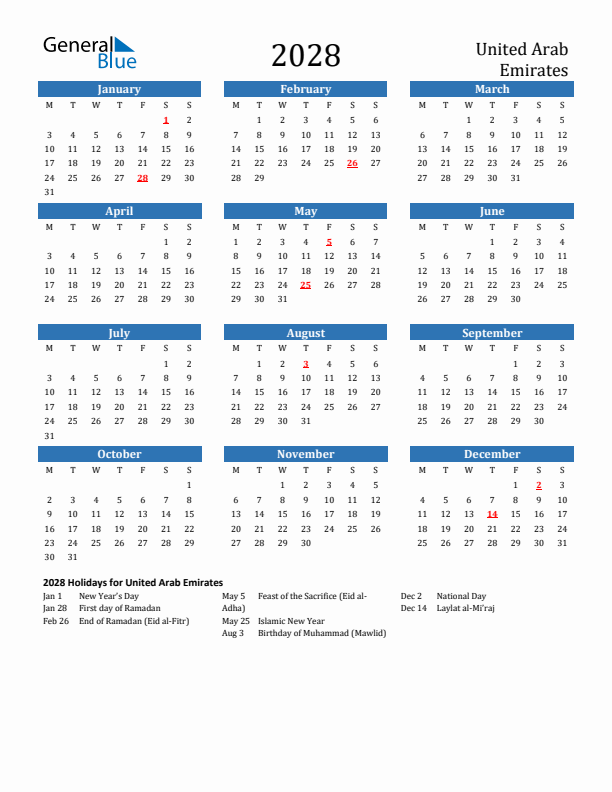 United Arab Emirates 2028 Calendar with Holidays