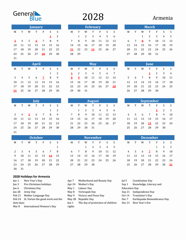 Armenia 2028 Calendar with Holidays