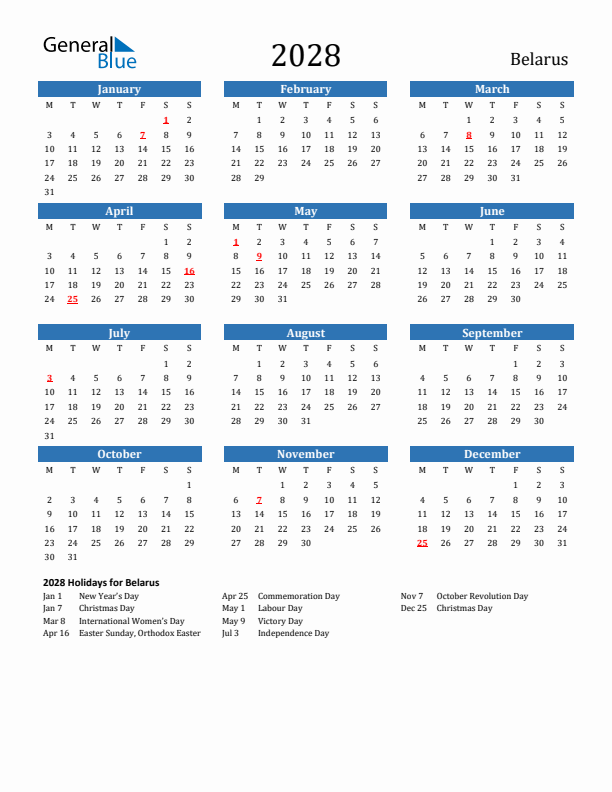 Belarus 2028 Calendar with Holidays