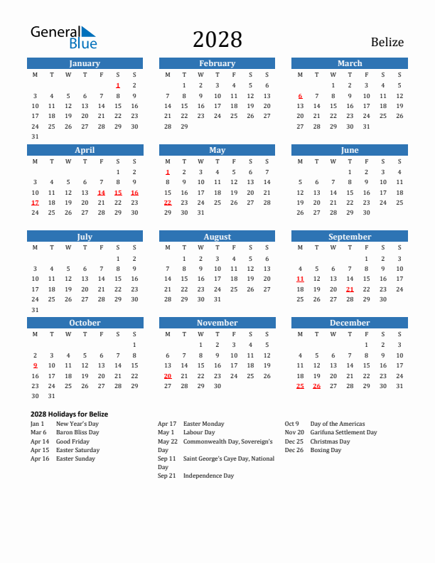 Belize 2028 Calendar with Holidays