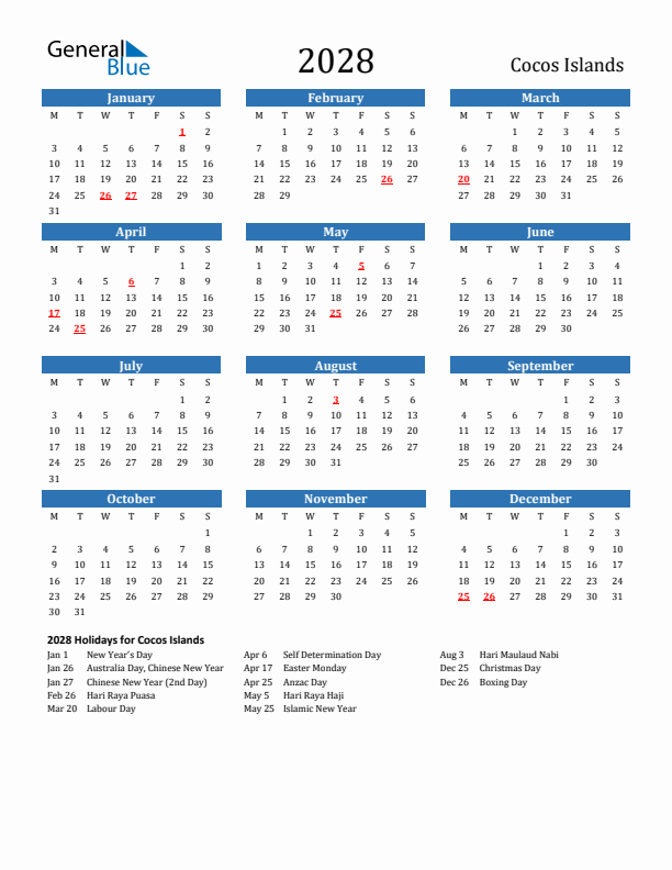 Cocos Islands 2028 Calendar with Holidays