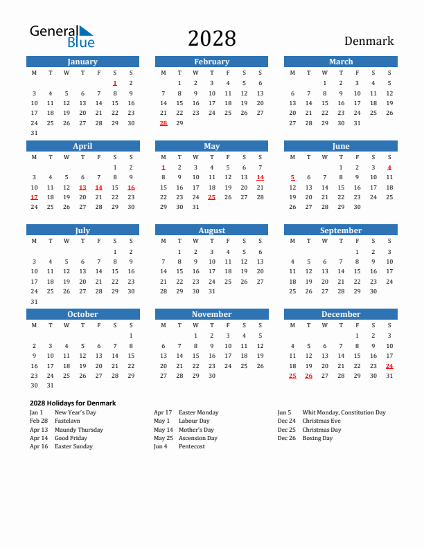 Denmark 2028 Calendar with Holidays