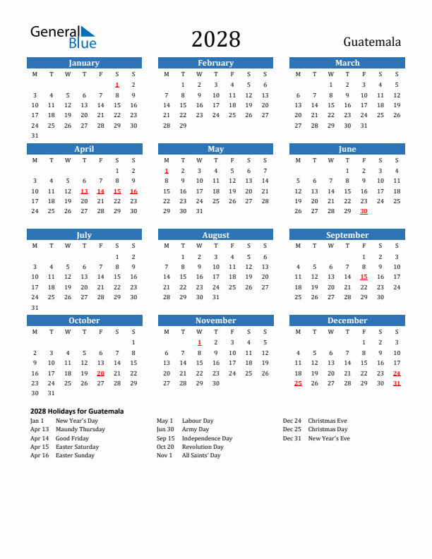 Guatemala 2028 Calendar with Holidays