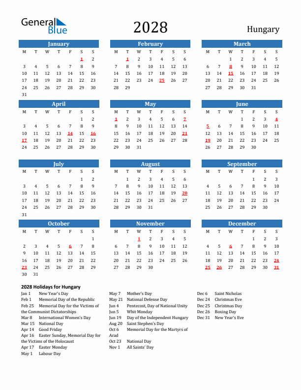 Hungary 2028 Calendar with Holidays