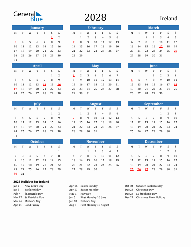 Ireland 2028 Calendar with Holidays