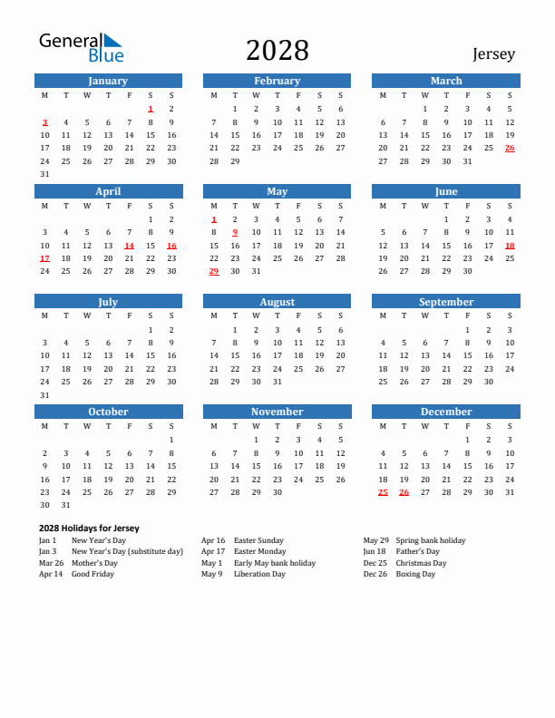 Jersey 2028 Calendar with Holidays