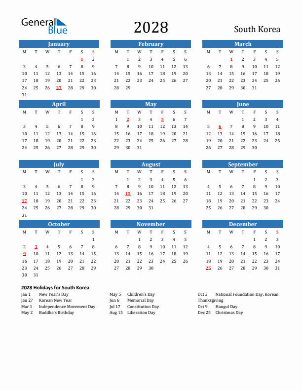 South Korea 2028 Calendar with Holidays