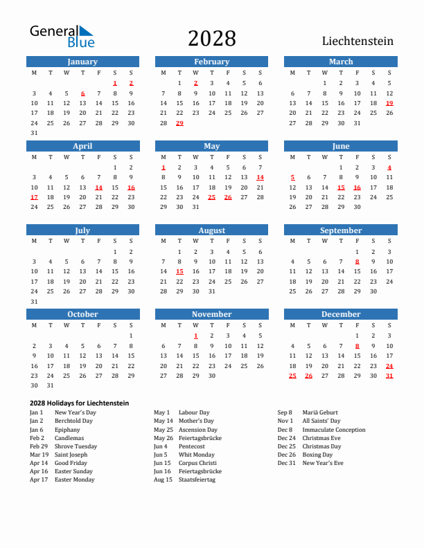 Liechtenstein 2028 Calendar with Holidays