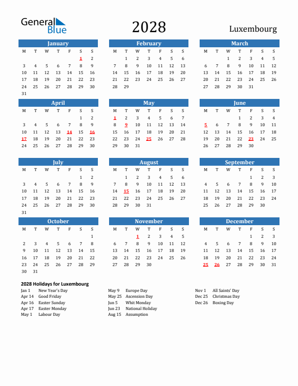 Luxembourg 2028 Calendar with Holidays