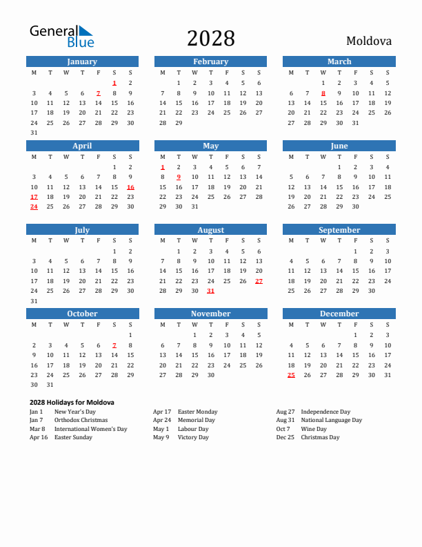 Moldova 2028 Calendar with Holidays