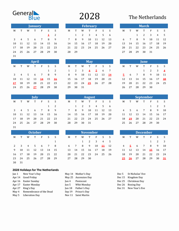 The Netherlands 2028 Calendar with Holidays