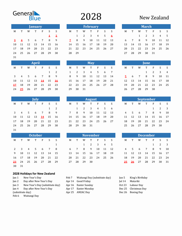 New Zealand 2028 Calendar with Holidays