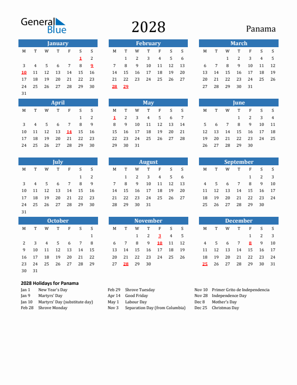 Panama 2028 Calendar with Holidays