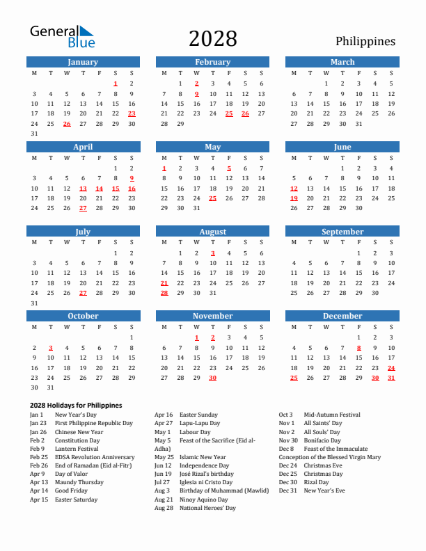 Philippines 2028 Calendar with Holidays