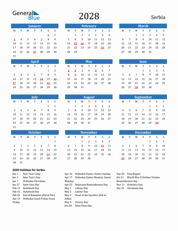 Serbia 2028 Calendar with Holidays