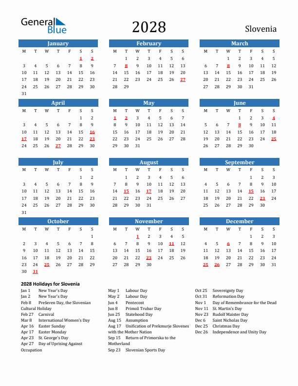 Slovenia 2028 Calendar with Holidays