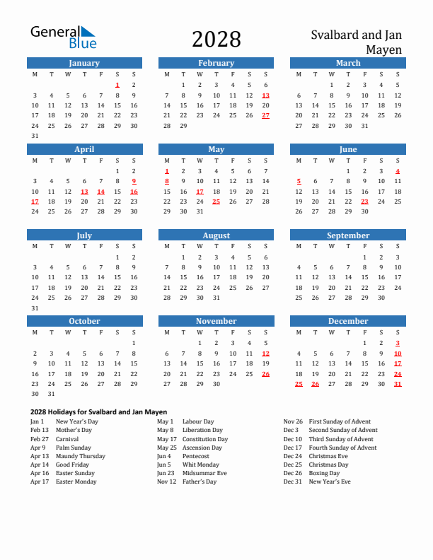 Svalbard and Jan Mayen 2028 Calendar with Holidays