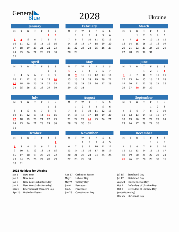 Ukraine 2028 Calendar with Holidays