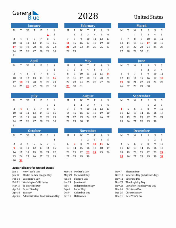 United States 2028 Calendar with Holidays