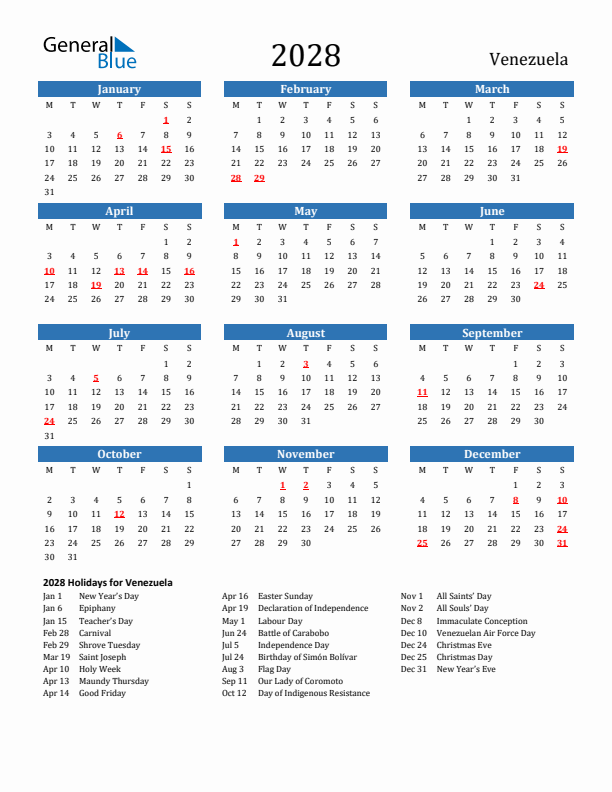 Venezuela 2028 Calendar with Holidays