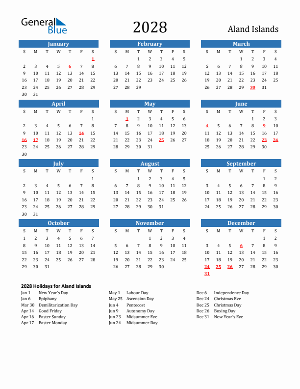 Aland Islands 2028 Calendar with Holidays