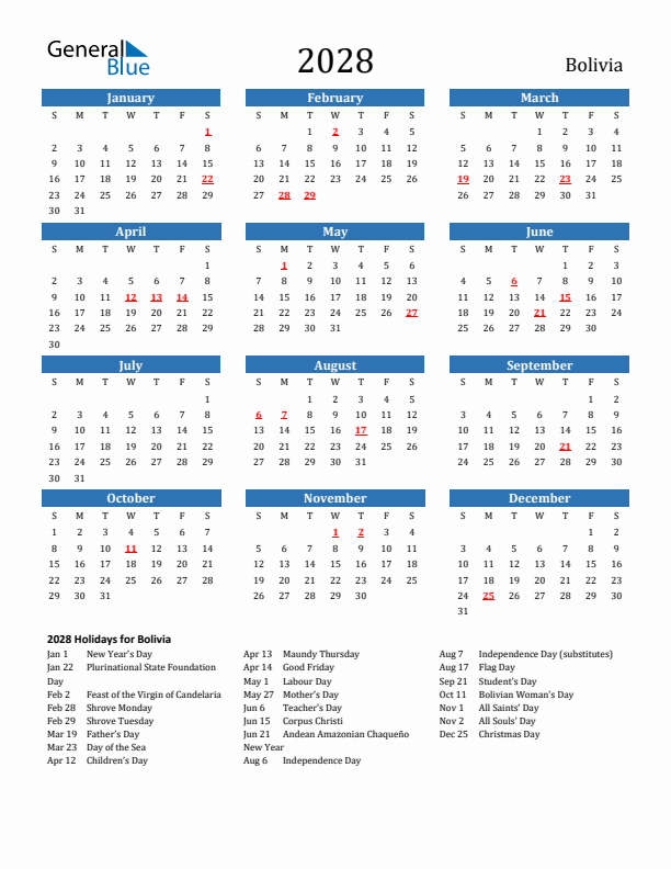 Bolivia 2028 Calendar with Holidays