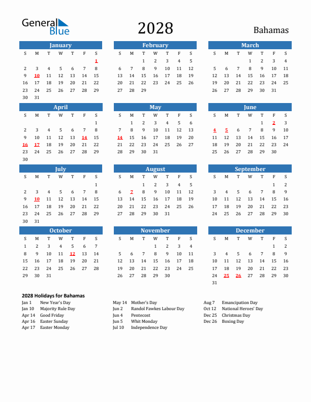 Bahamas 2028 Calendar with Holidays