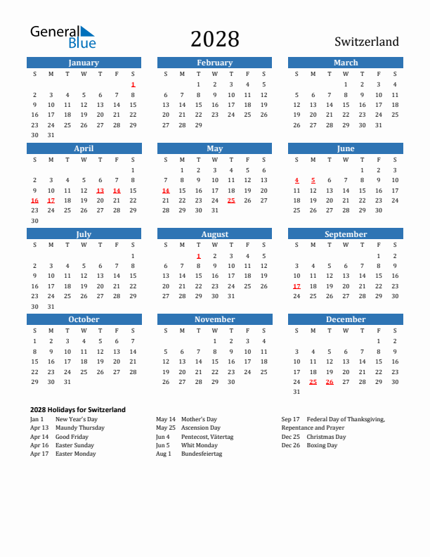 Switzerland 2028 Calendar with Holidays